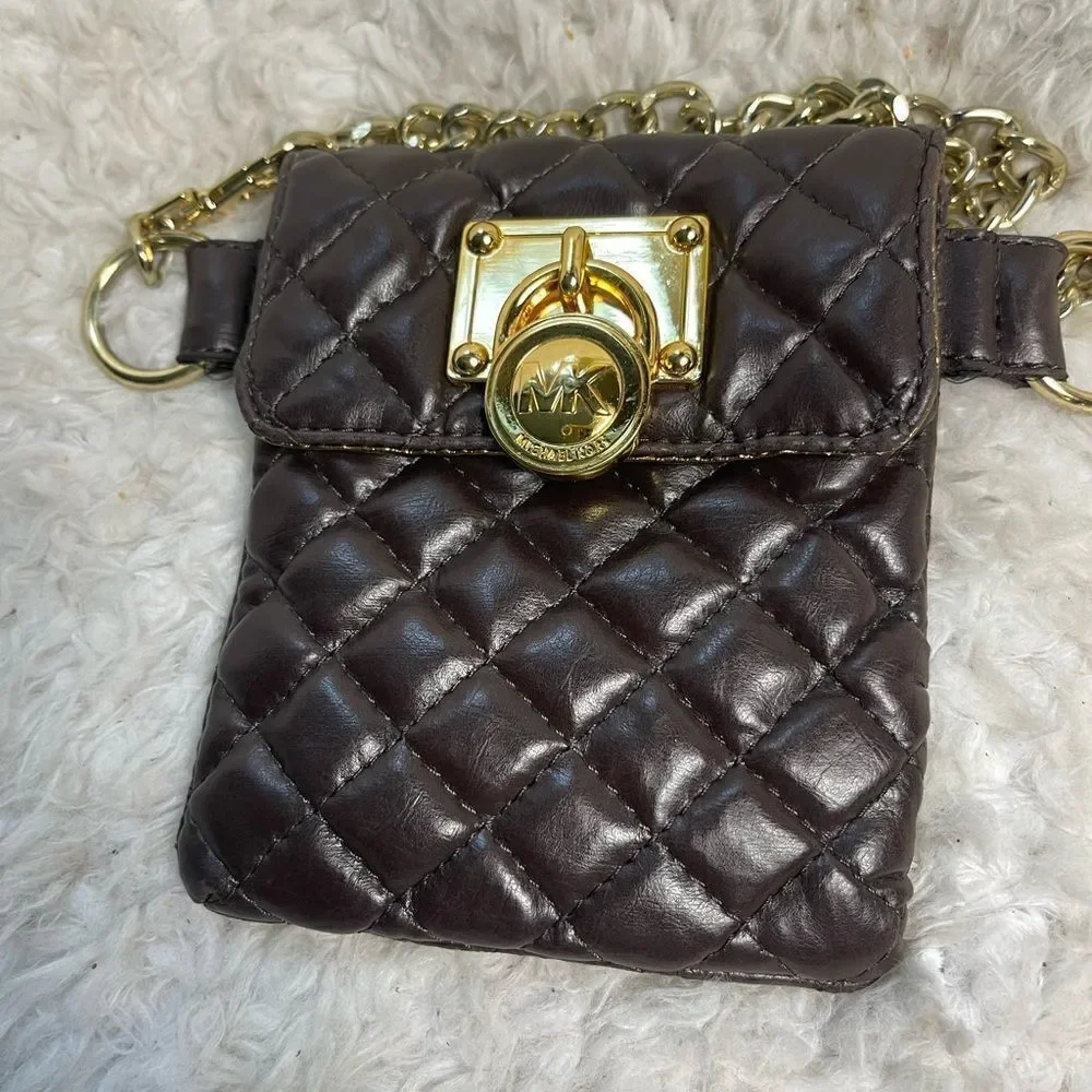 Michael Kors Brown faux leather quilted mini crossbody/fanny pack chain accent